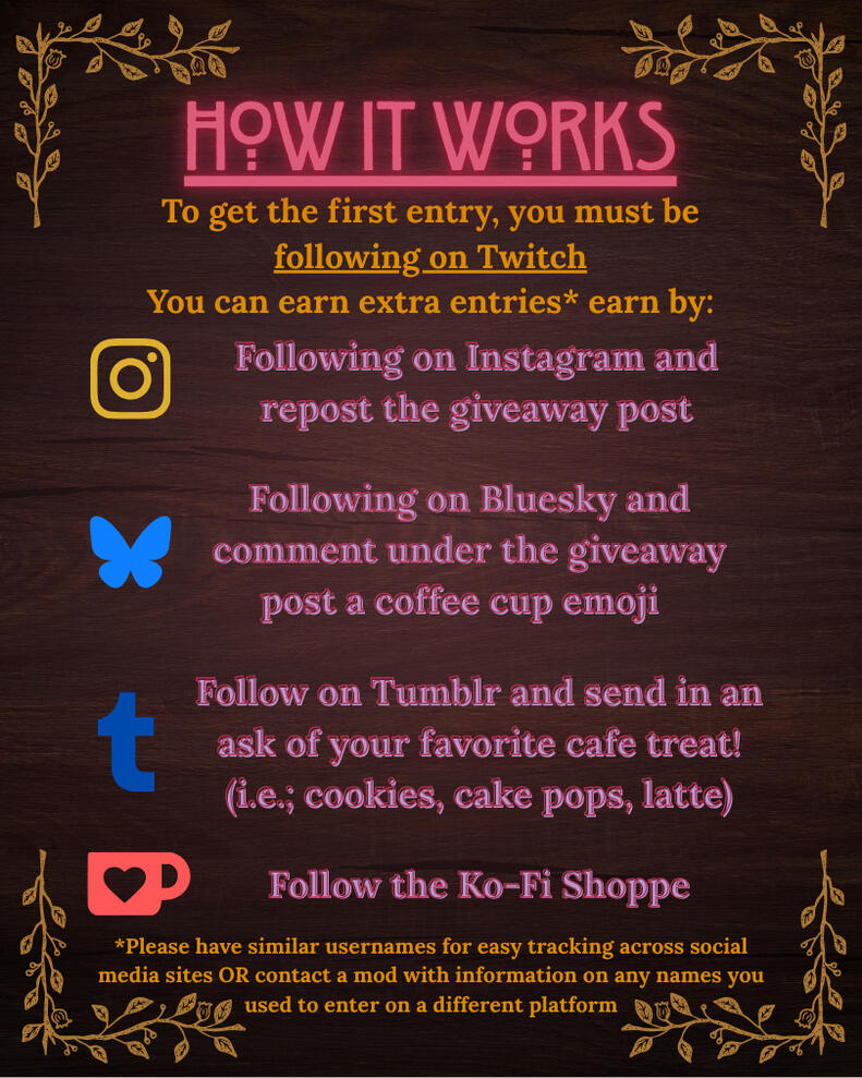 The giveaway entry page that explains where to gain extra entries: By Instagram with a follow and repost of the giveaway post, By Bluesky with a follow and to post under the giveaway post with a coffee cup emoji, By Tumblr with a follow and to send in an a